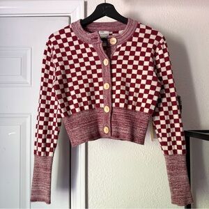 FIND ME NOW red white checker chunky knit cropped cardigan sweater
